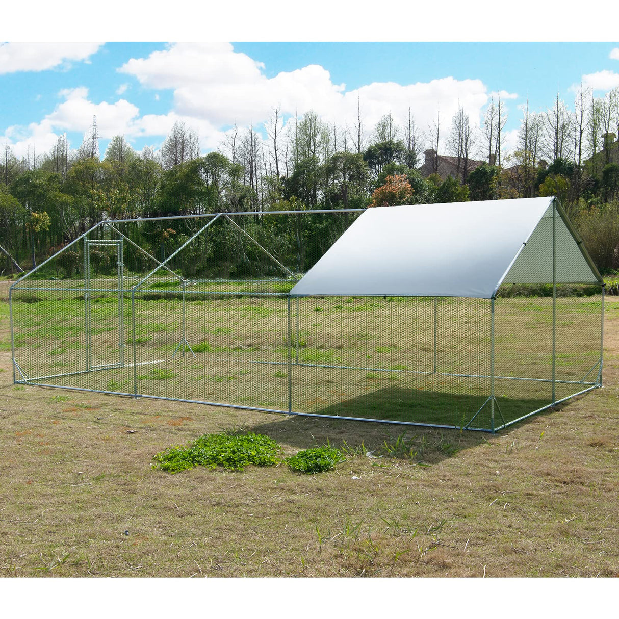 Large Metal Chicken Coop Walk-in Poultry Cage Hen Run House Habitat Spire Shaped Cage with Waterproof and Anti-Ultraviolet Cover for Outdoor Backyard Farm Use (19.68’ L×9.84’ W) Polar Aurora