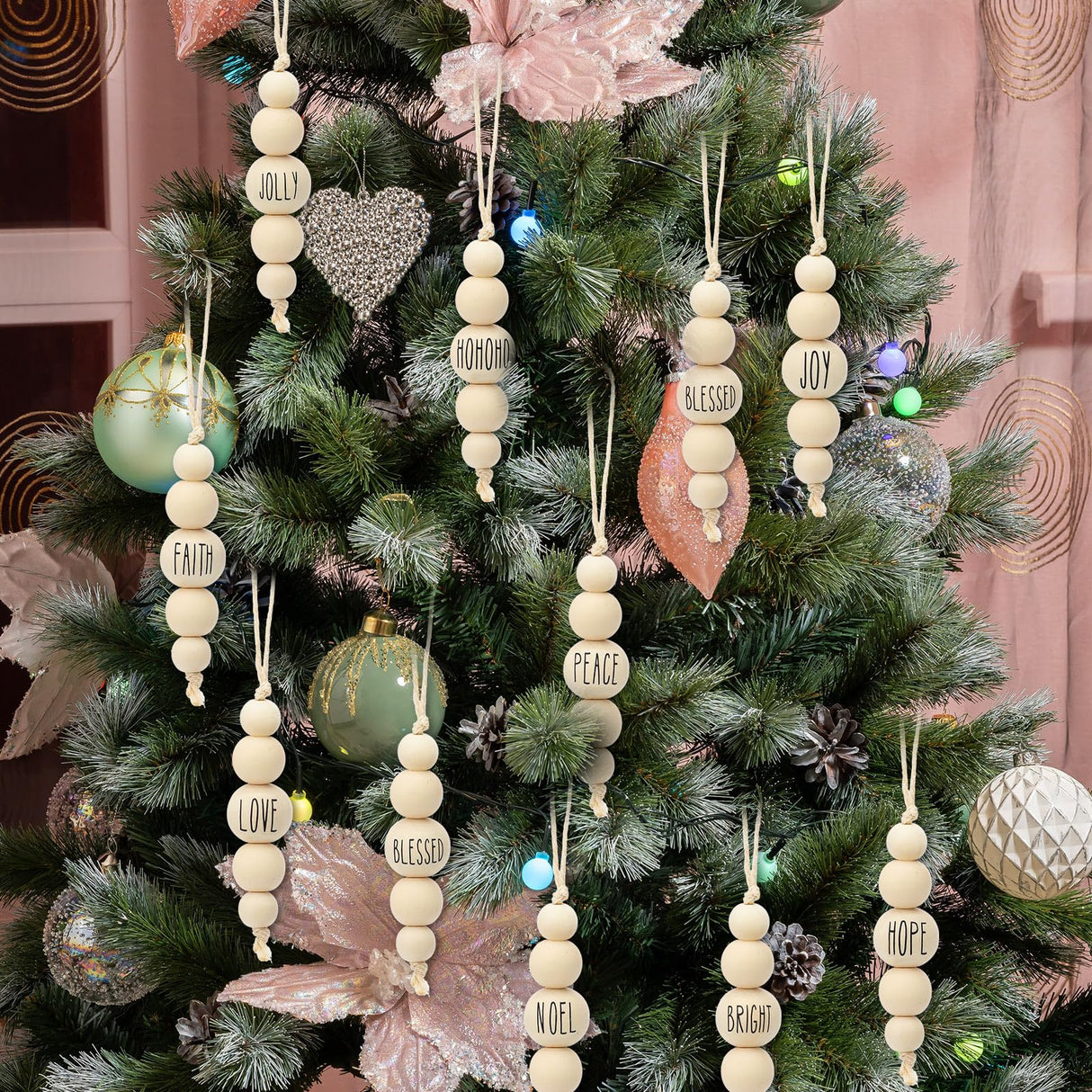 Loetere 24 Pcs Christmas Ornaments Farmhouse Wood Bead Ornament for Tree with Blessing Word Rustic Christmas Hanging Decorations Natural Wooden Beads for Xmas Tree Wall Tiered Tray (Boho) Loetere