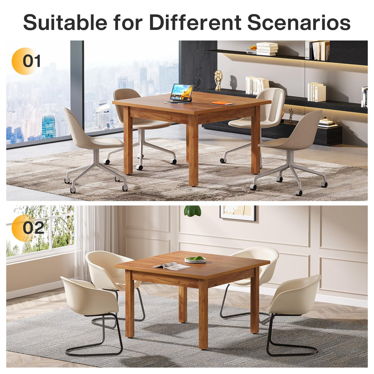 Tribesigns 39.4-Inch Square Conference Table for 4 People, Small Wooden Meeting Room Table with Solid Wood Legs and Thicken Tabletop for Conference Room Seminar Room Boardroom, Oak Brown Tribesigns