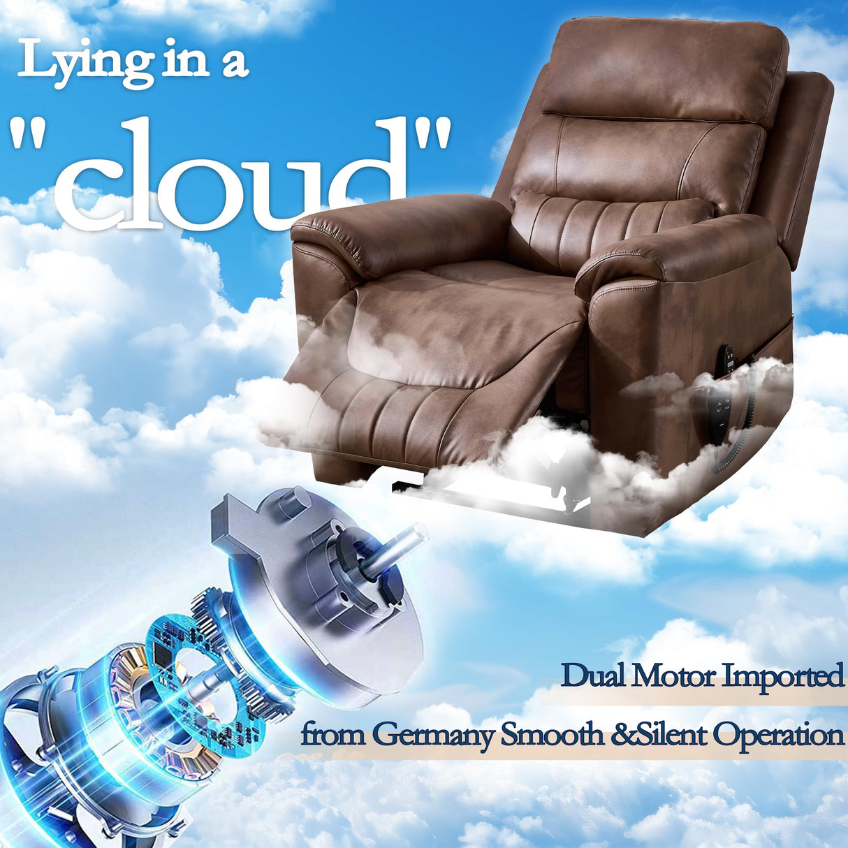 Power Lift Recliner Chair for Elderly People, Dual Motor Lay Flat Recliner with Vibration Massage and Heat, Heavy Duty Motion Mechanism Standing Assistance Reclining Chair, Faux Leather Brown Luxlen