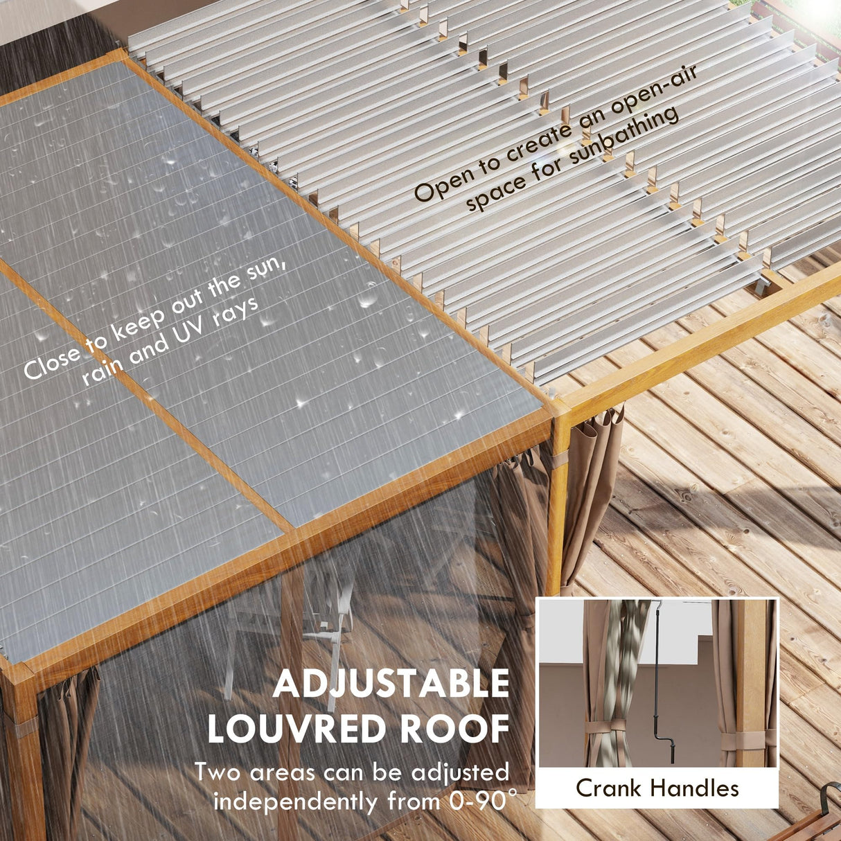 Outsunny 12' x 19' Louvered Pergola Hardtop Gazebo with Adjustable Aluminum Roof and Frame, Outdoor Pergola with Curtains and Netting, for Garden, Lawn, Backyard, and Deck, Wood-Like Outsunny
