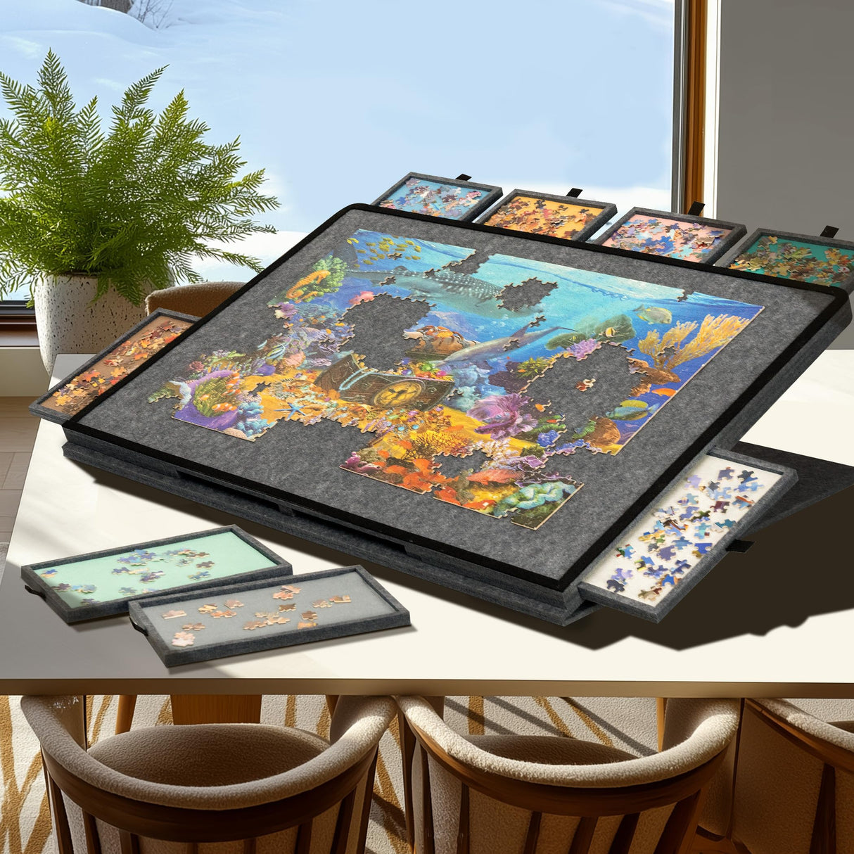 Becko US Tilting Puzzle Board with 2-in-1 Designed Stand & Cover, Lightweight Felt Storage Case with 8 Drawers for Adults, Portable Jigsaw Puzzle Table for Games Up to 1500 Pieces