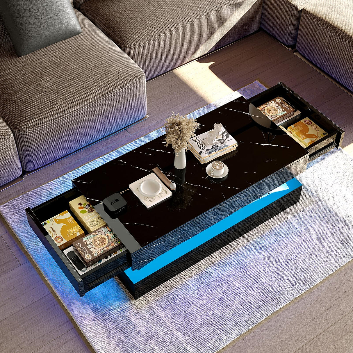 HOMFAMILIA LED Coffee Table with 2 Storage Drawers, Modern High Gloss Black Coffee Table w/20 Colors LED Lights, 2 Tiers Rectangle Center Table for Living Room with Marbling Print, APP Control, Black HOMFAMILIA