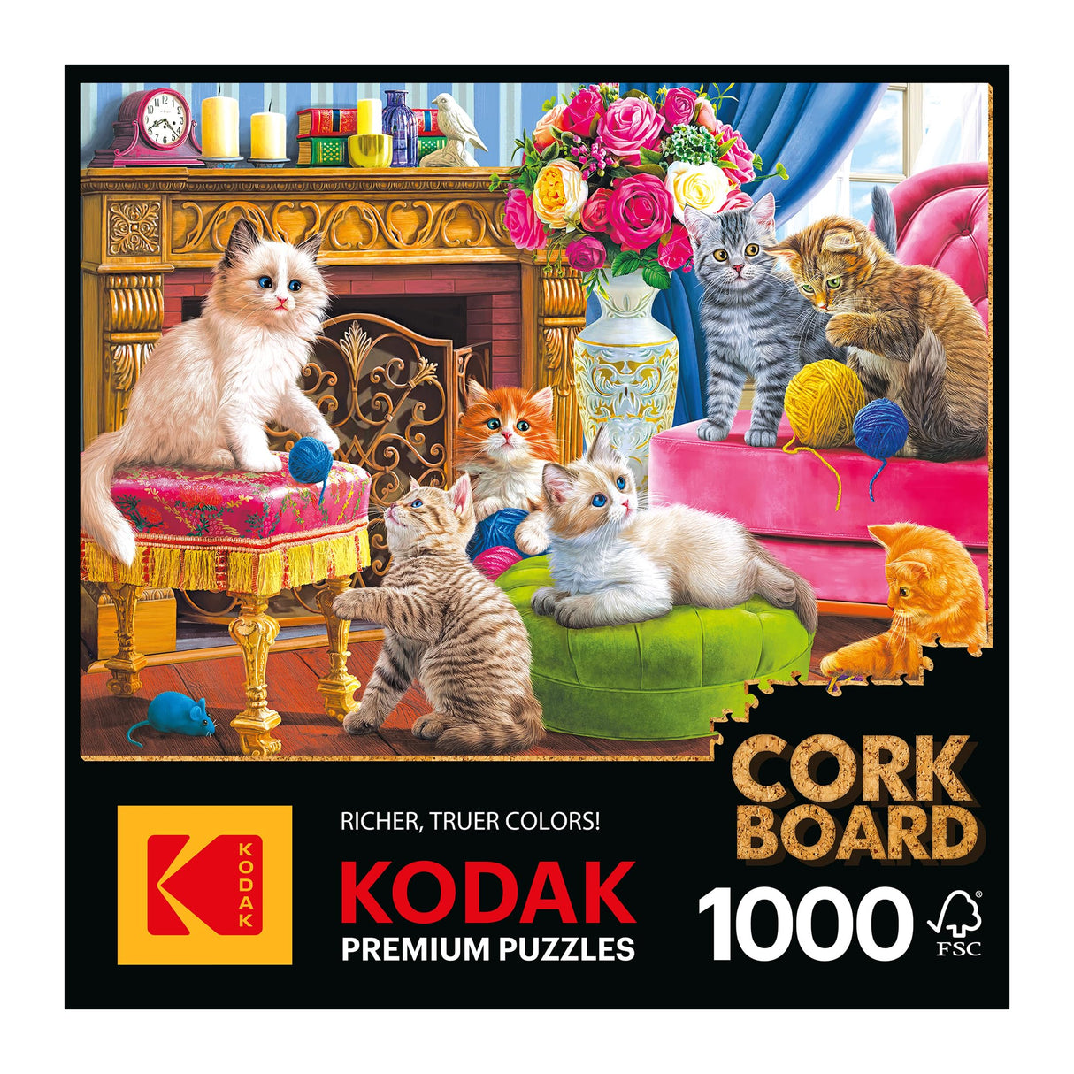 RoseArt - Kodak Cork - Kittens by The Fireplace - 1000 Piece Jigsaw Puzzle for Adults RoseArt