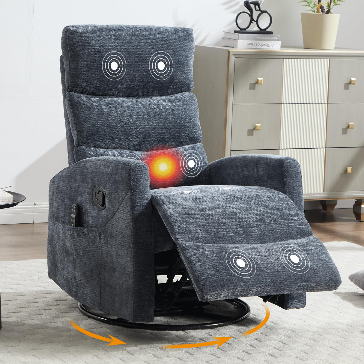 Manual Swivel Rocker Recliner Chair for Adults, Overstuffed Reclining Glider Chair for Nursing with Vibration Massage & Heat, Living Room Rocking Recliner 3-Stage backrest, Chenille Fabric Blue EZZUP