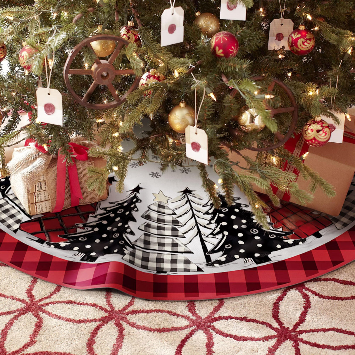 DISENB Christmas Tree Skirt 48 Inch, Red and Black Buffalo Plaid Xmas Tree Skirt, Winter Christmas Tree Mat for Home Party Holiday Indoor Outdoor Decorations DISENB