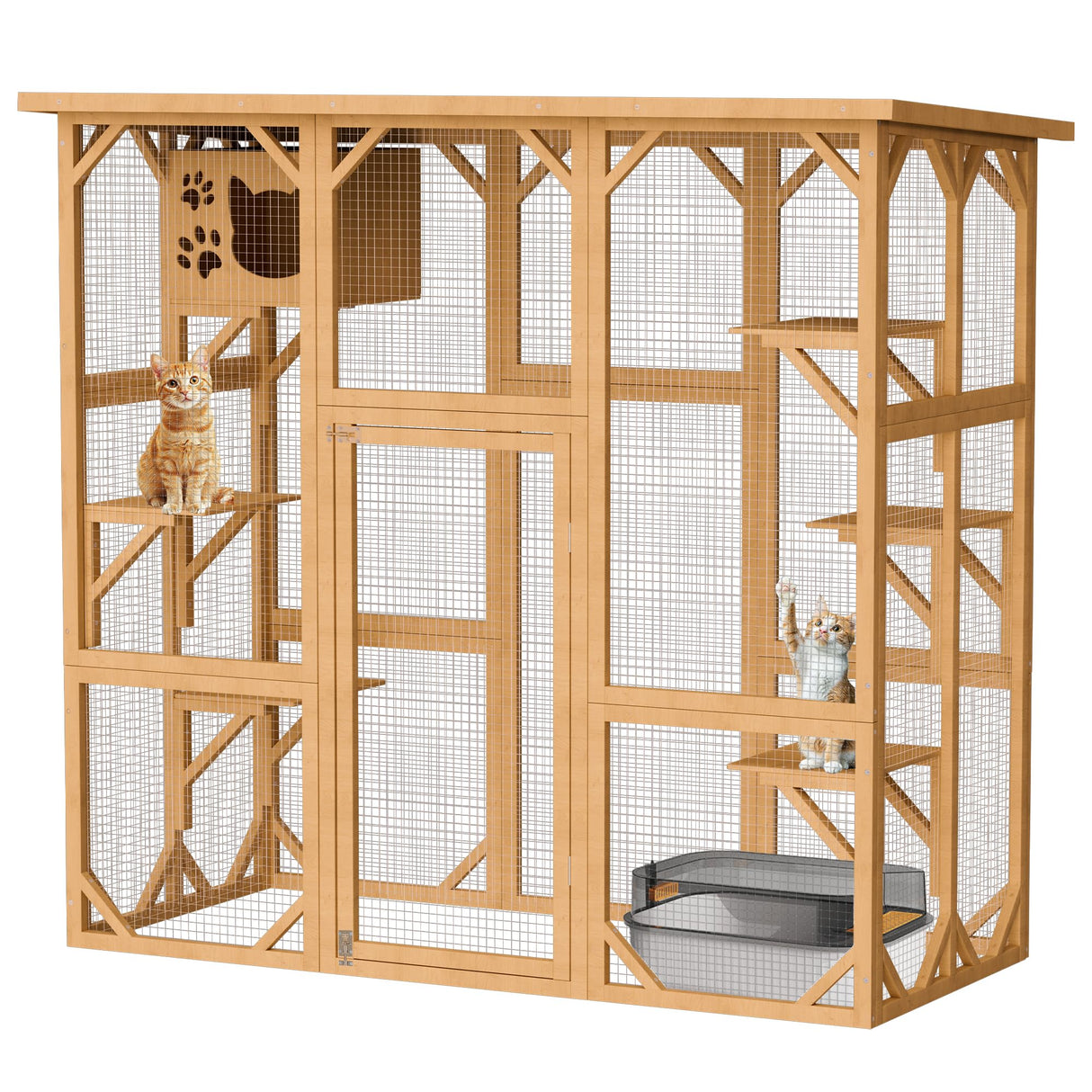 Decomax Catio Cat House Cage Enclosure, Outdoor/Indoor Wooden Cat Enclosures with Separate Cat Kennel, 5 Large Platforms and Waterproof Asphalt Roof for Patio, Backyard (Burlywood) Decomax