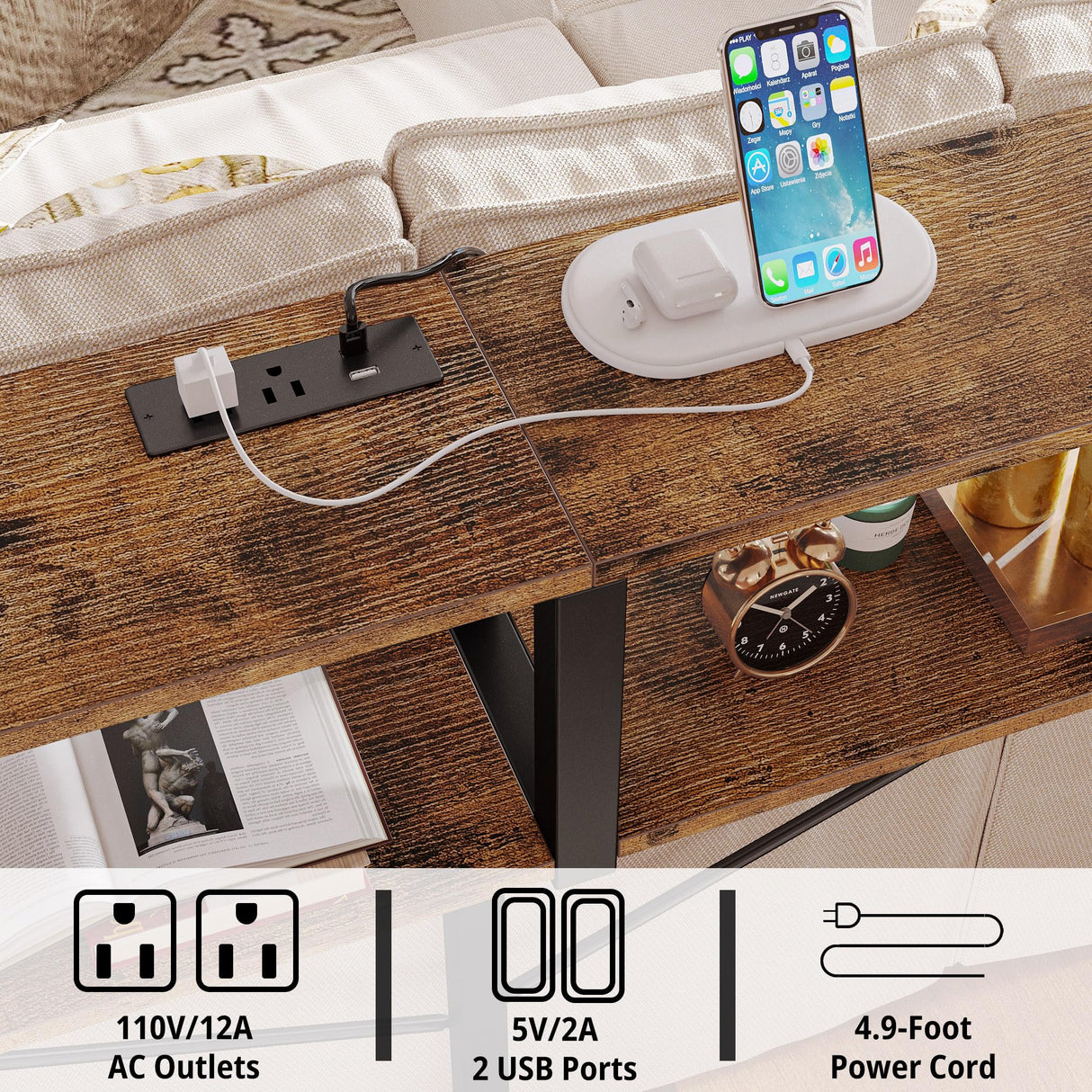 IRONCK Console Table with Power Outlet, Long Sofa Table with Shelves and X-Shaped Design, Narrow Sofa Entryway Behind Couch Table for Living Room and Hallway, Vintage Brown IRONCK