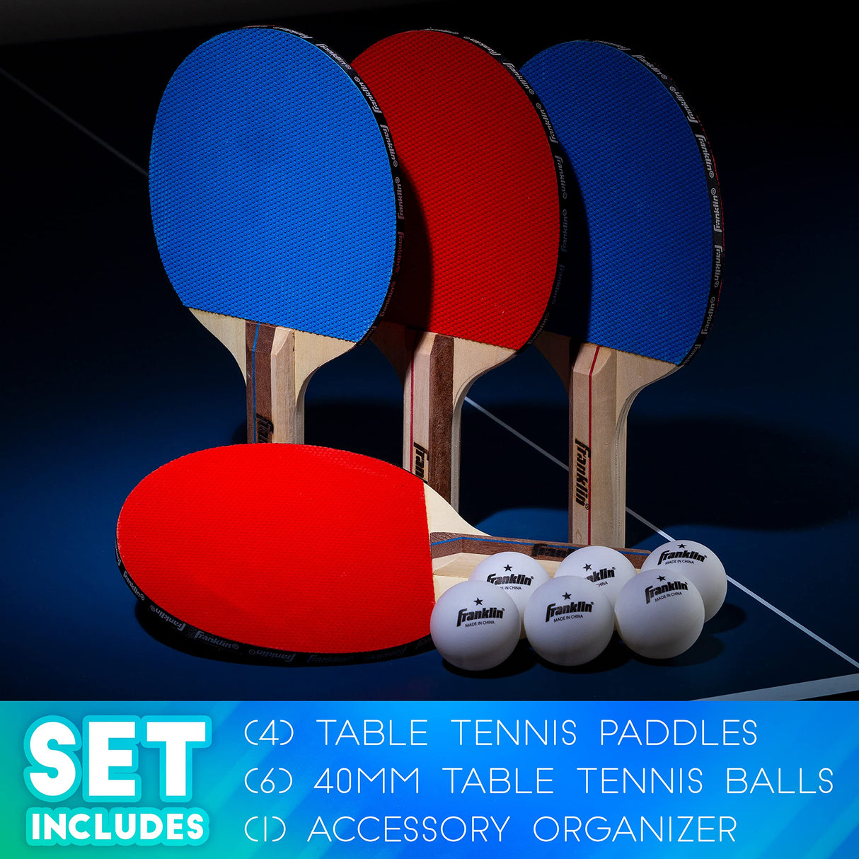 Franklin Sports Ping Pong Paddle Set with Balls - 4 Player Table Tennis Kit - (4) Ping Pong Paddles + (6) Balls - Red + Blue Table Tennis Rackets - Full Starter Kit Franklin Sports