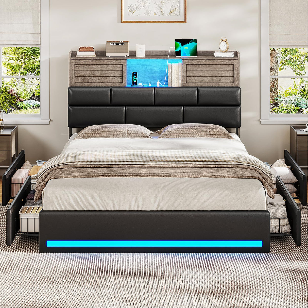 MSmask Queen Bed Frame with Bookcase Headboard and Sliding Doors, Upholstered LED Bed Frame Queen Size with Charging Station, 4 Storage Drawers, No Box Spring Needed, Black & Grey MSmask