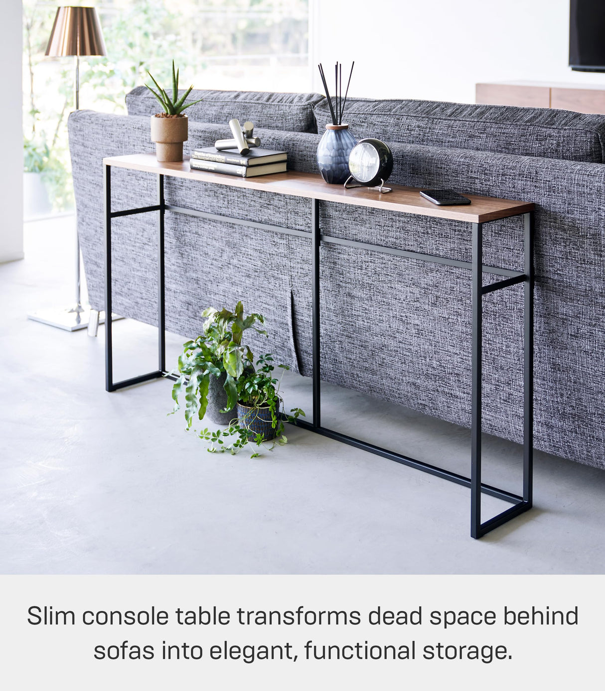 Yamazaki Home Long Console Entryway or Hallways, Narrow Behnd Sofa Table with Wooden Top | Steel, One Size, Black YAMAZAKI