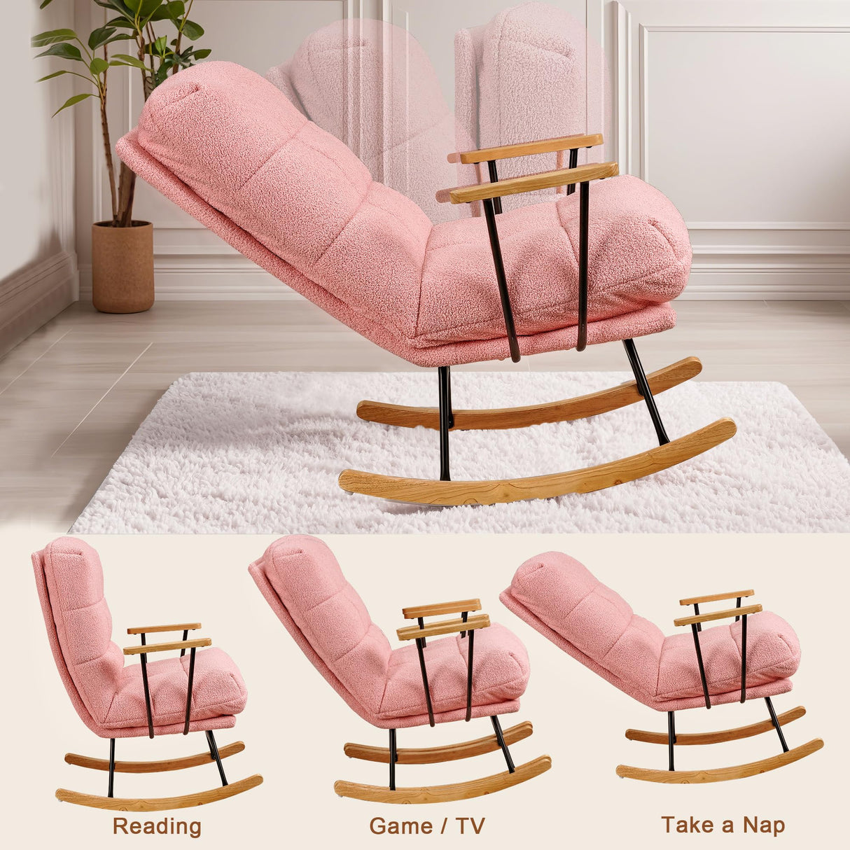 VECELO Wide Rocking Chair Nursery, Oversized Upholstered Teddy Fabric Modern Glider Rocker with High Backrest for Living Room & Bedroom, Large Size, Pink VECELO