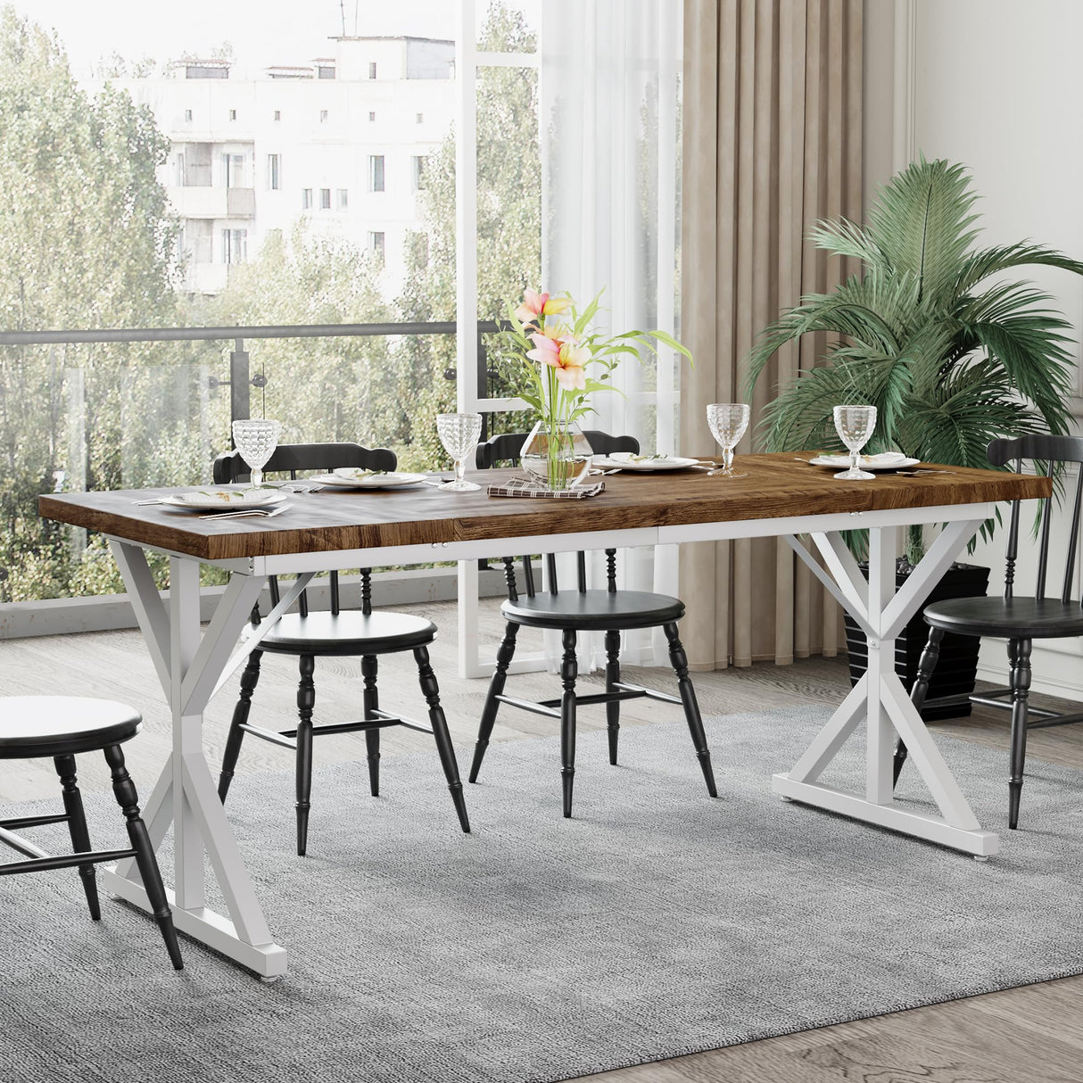 AMICLIBER Farmhouse Dining Table for 6-8 People, 70.8 Inch Rectangular Wood Dining Table, Rustic Kitchen Table with Extra Heavy Duty Metal Legs for Dining Room - Rustic Oak/White AMICLIBER