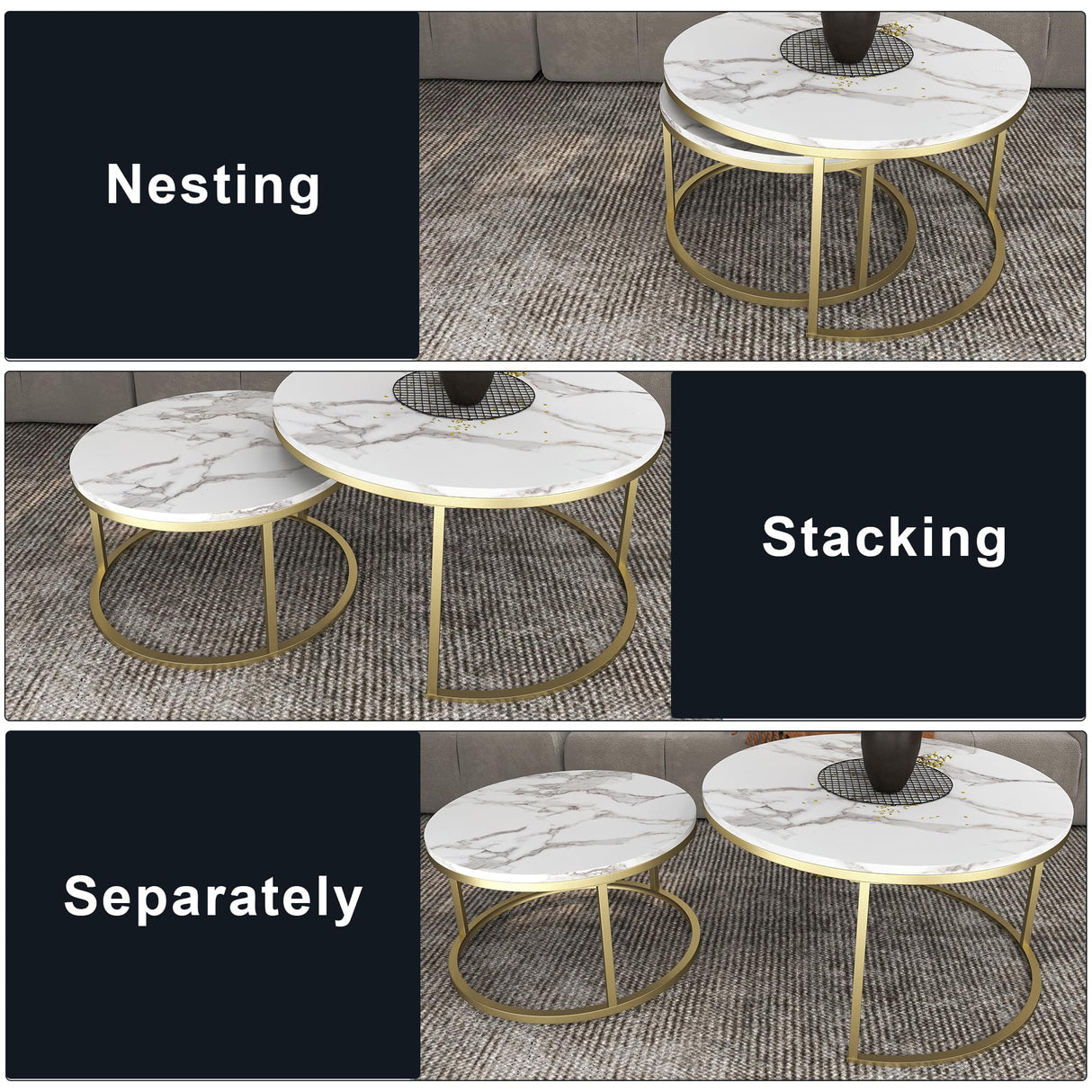 Xinyvee Nesting Coffee Table Set of 2, 31.5" Round Coffee Table Wooden Marble Pattern Accent Furniture, Industrial End Table for Living Room Bedroom Balcony (White/Gold) Xinyvee