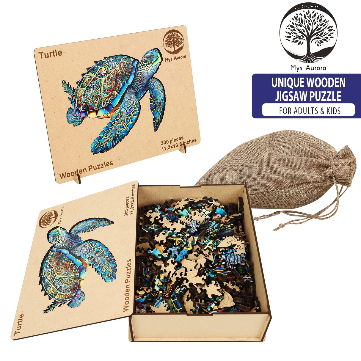 MYS Aurora Wooden Puzzles, Sea Turtle Jigsaw Puzzles 200 Pieces, Unique Shaped Wooden Puzzle for Adults and Kids, Birthday Gift Family Game 9.2 x 11.2 Inch Mys Aurora