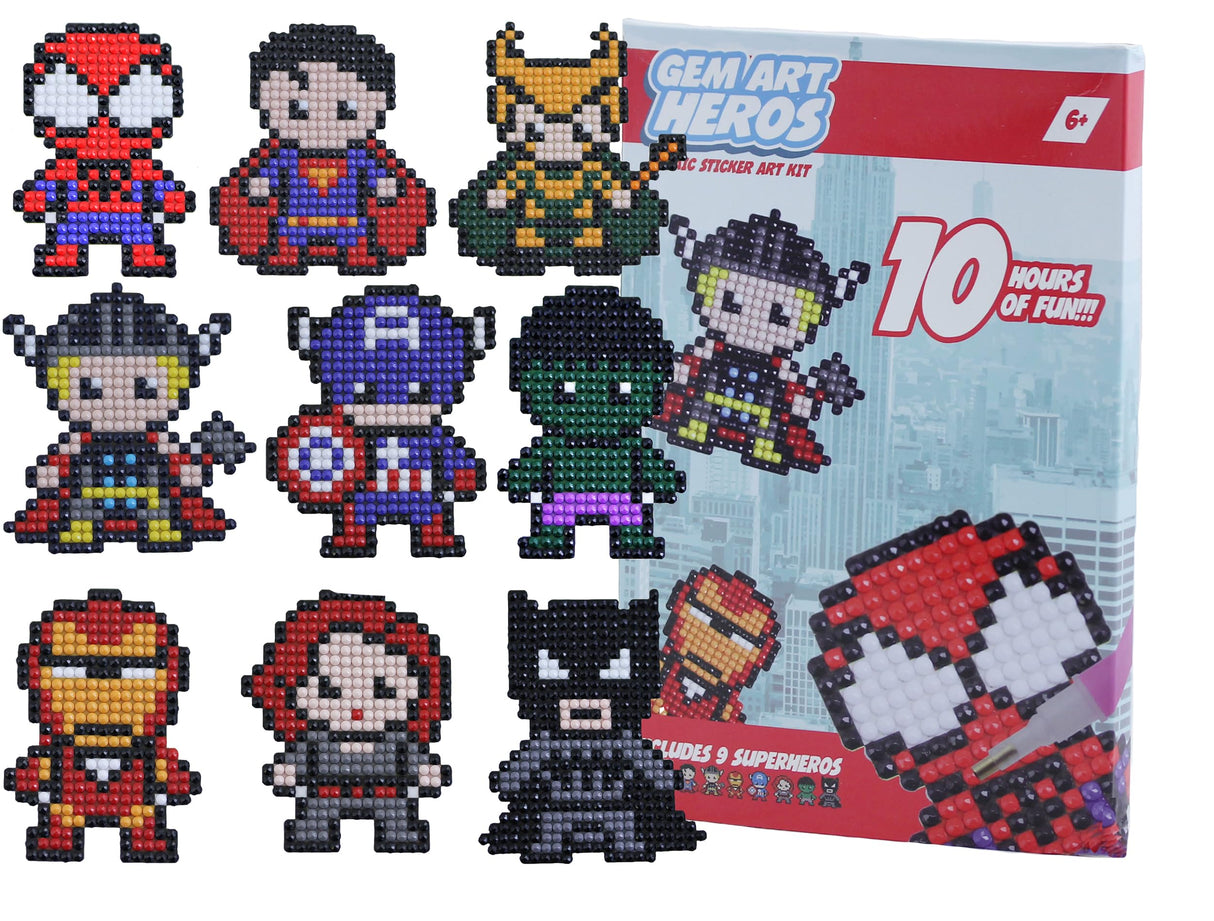 Kids Crafts Gem Art Hero Sticker Kit - Diamond Painting by Numbers with Rhinestones Fun & Easy - Includes 9 Super Hero Stickers - Educational Craft Activity for Children Ages 5+ - Over 9 Hours of Fun Allstarco