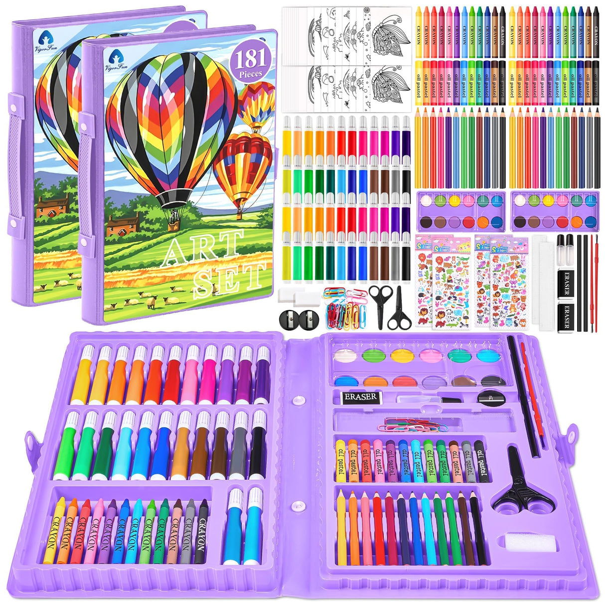 2 Pack Art Kit, Vigorfun Drawing Painting Art Supplies for Kids Girls Boys Teens, Gifts Art Set Case Includes Oil Pastels, Crayons, Colored Pencils, Watercolor Cakes (Purple) VigorFun