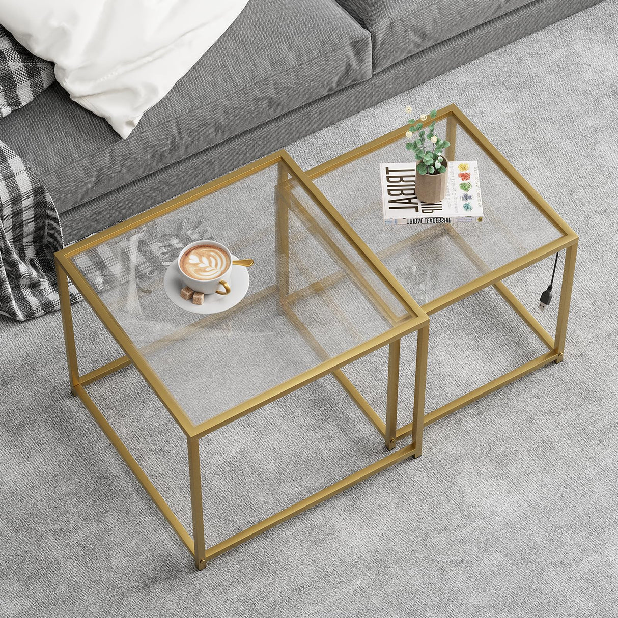 Nesting Coffee Table Set of 2, Gold Glass Coffee Tables, Square Center Coffee Table for Living Room,Nesting Tables with LED Lights for Home, Office, Bedroom, Tempered Glass-top with Sturdy Metal Frame Adompacat