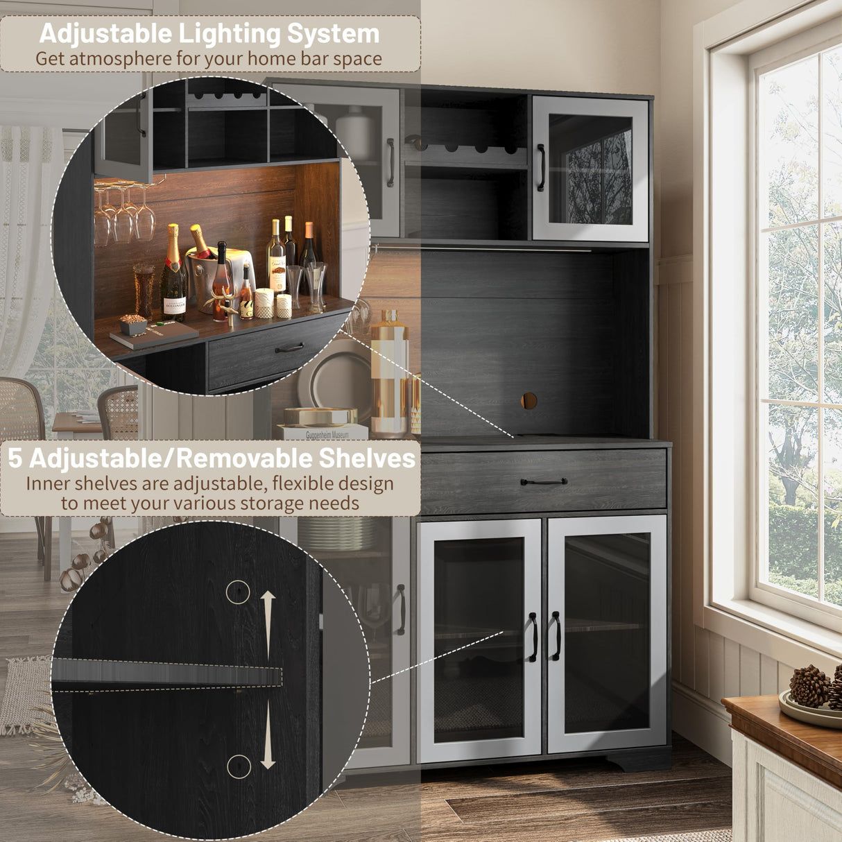 Fatmok Coffee Bar Cabinet, 71" Tall Liquor Wine Cabinet with Power Outlet & LED Lights, Glass Doors, Kitchen Pantry Cabinet with Storage Hutch, Adjustable Shelves, Drawer & Wine Rack for Dining Room Fatmok