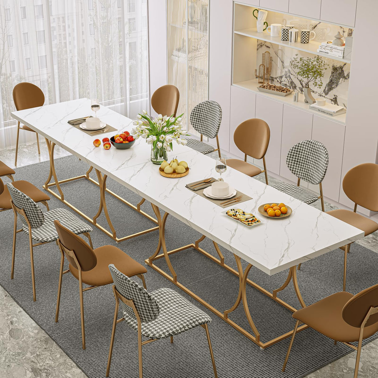 ONBRILL 71 Inch Dining Table for 6-8 People, Modern Rectangle Kitchen Table, White Dinner Table with Gold Metel Frame for Kitchen, Office, Living Room and Dining Room ONBRILL