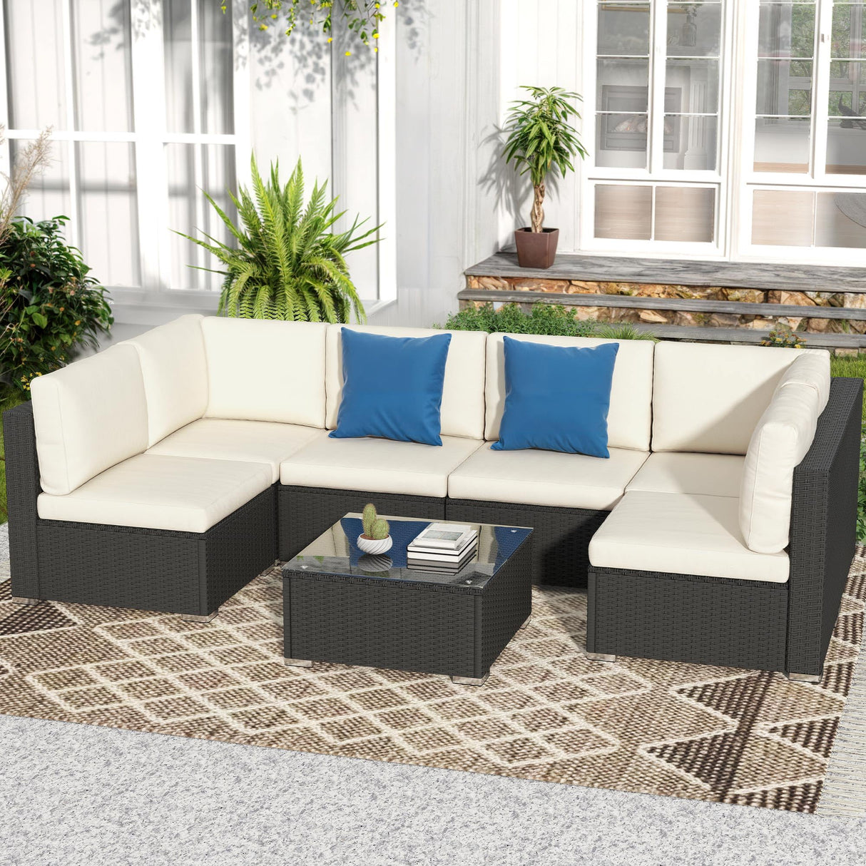 DWVO 7-Piece Patio Furniture Set, All-Weather PE Rattan Wicker Outdoor Sectional Sofa with Soft Cushions & Coffee Table, Patio Conversation Set for Backyard, Garden, Porch, Balcony (Beige+Black) DWVO