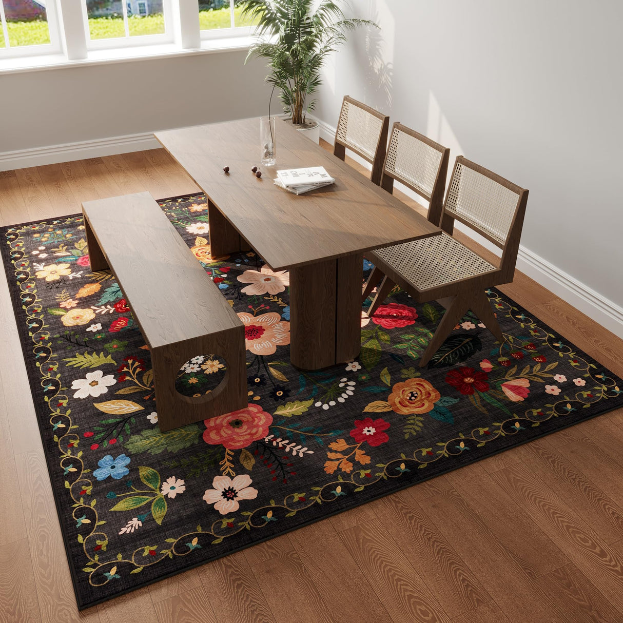 Rugcomf Living Room Rug 5x7 Rug Machine Washable Boho Area Rug Non Slip Floral Vintage Low Pile Large Rugs for Living Room, Bedroom, Farmhouse, Dining Room, Kids Playroom(Black) Rugcomf