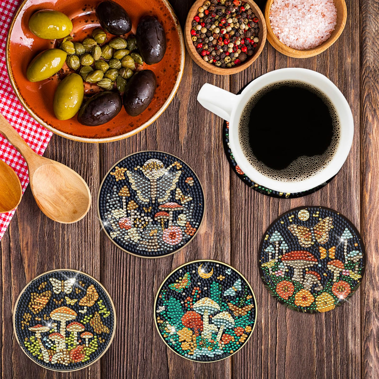 Mushroom Diamond Art Coasters Kit - 8 Pcs Boho Celestial Moth Mushroom Diamond Painting Coasters Kit for Adults, Gem Art Rhinestone Painting DIY Craft Supplies for Women Halloween Sitsink