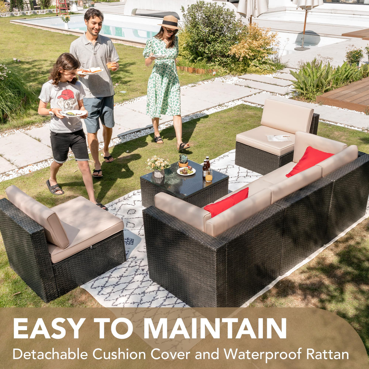 Devoko Patio Furniture Sets 6 Pieces Outdoor Sectional Rattan Sofa Manual Weaving Wicker Patio Conversation Set with Glass Table and Cushion (Beige) Devoko