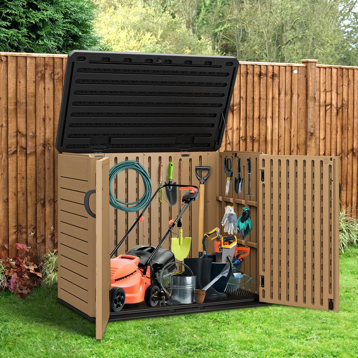 YITAHOME Outdoor Horizontal Storage Shed with X-Shaped Lockable Door, 35 Cu Ft Weather Resistant Resin Tool Shed w/o Shelf, Ideal for Bike, Trash Cans, Garden Tools, Lawn Mowers, Brown YITAHOME