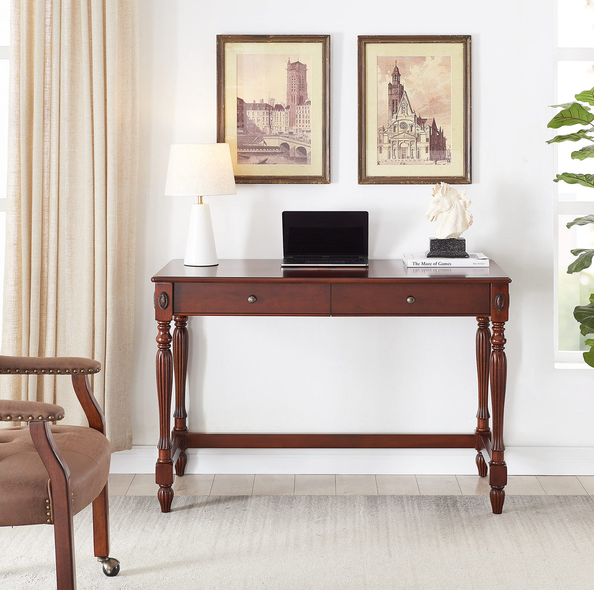 MODERION Solid Wood Computer Desk with 2 Drawers, Traditional Vanity Dressing Table, 46” Home Office Writing Desk, Workstation Easy Assembly Cherry MODERION