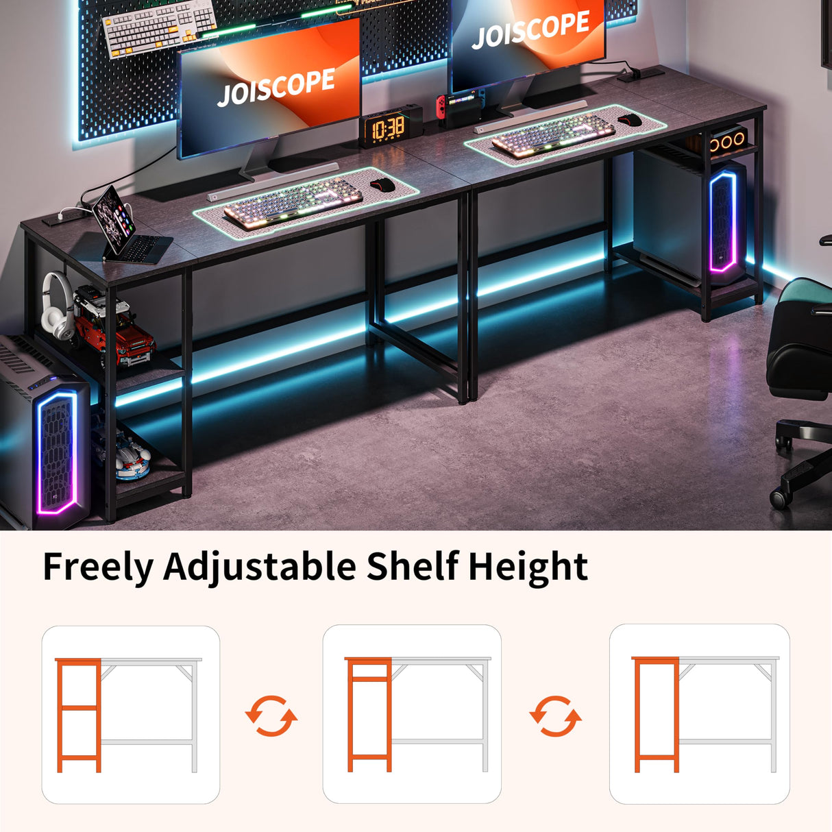 JOISCOPE Computer Desk with USB & Type-C Outlet, Small Home Office Desk with 2-Tier Storage Shelves, Modern Gaming Desktop Workstation, 48 inches, Black JOISCOPE