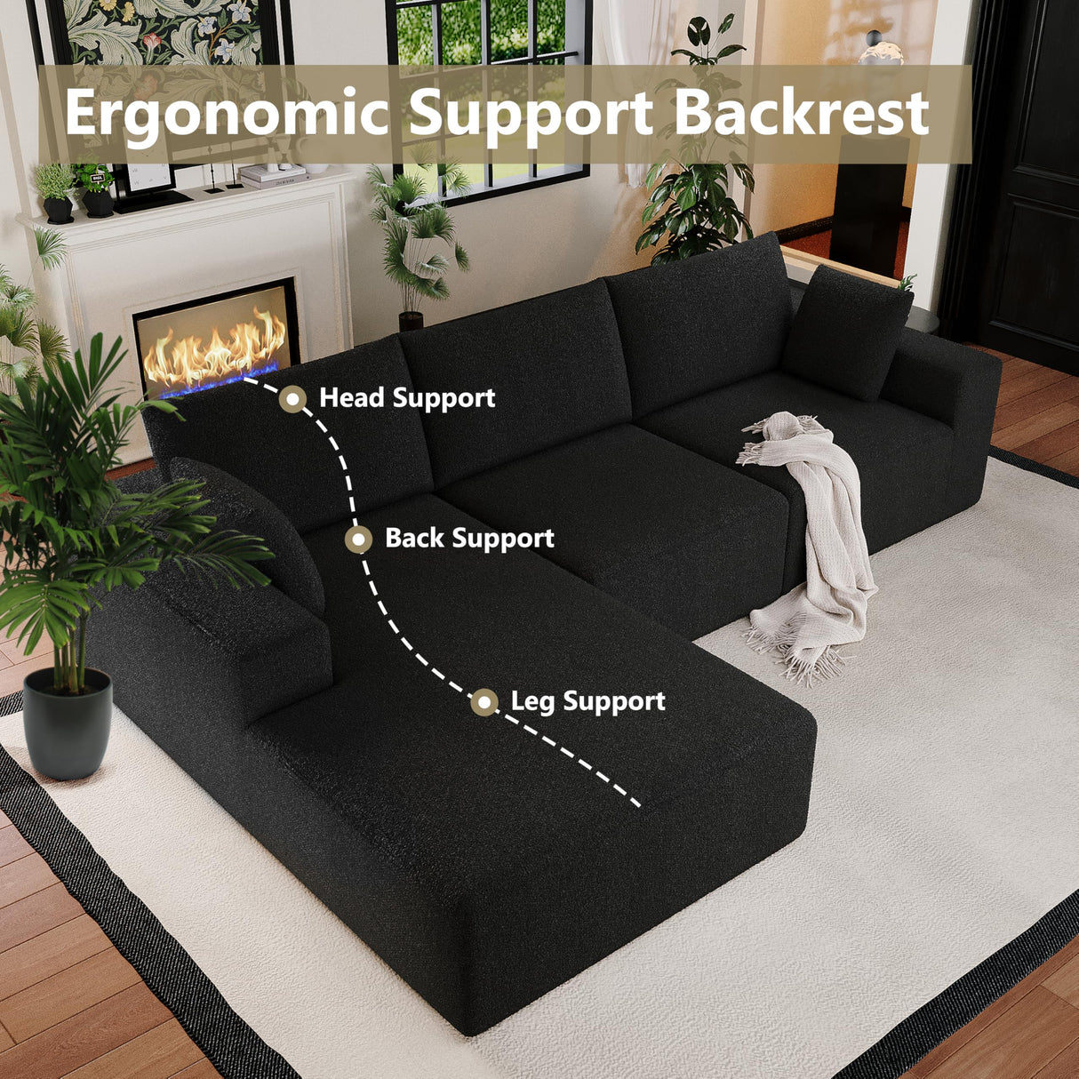 108”Modular Sectional Sofa, 4 Seat Cloud Sectional Couch for living Room with Deep Seat, Modern L-Shape Couch with Oversized Chaise, Upholstered Couches with Waist Pillows, No Assembly Required(Black) B.Sauraseng