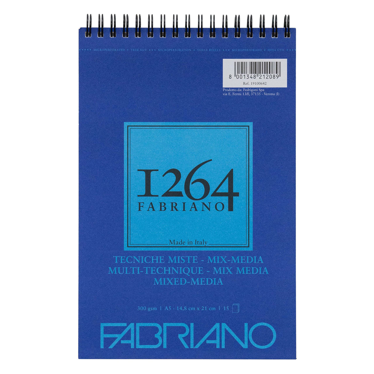 Fabriano Honsell 19100642 19100642-Fabriano Mix Media Spiral Pad 1264 300 g/m² DIN Natural White Medium Grain Paper Acid Suitable for All Different Techniques White A5 15 Sheets Fabriano