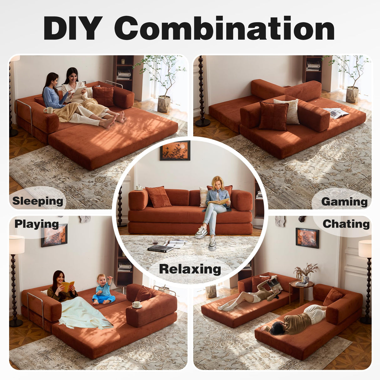 LIAROO 78.8" Convertible Sofa Bed - Compression Sofa with Corduroy Fabric - with Armrests and Backrest - Modular Sectional for Living Room, Bedroom, Studio - Compression Sofa in Box (Orange) LIAROO