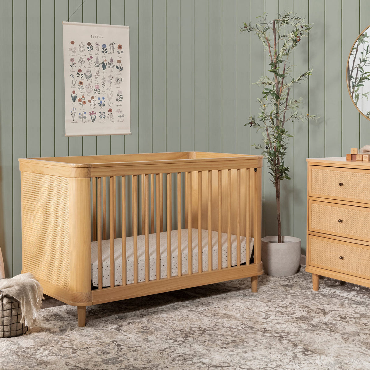 NAMESAKE Marin with Cane 3-in-1 Convertible Crib in Honey and Honey Cane, Greenguard Gold Certified NAMESAKE