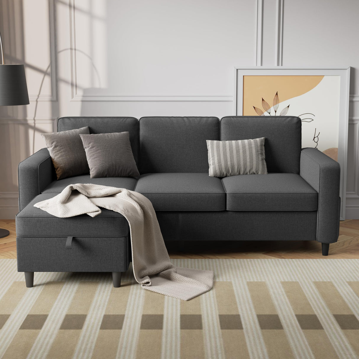 Sectional Sofa Couches for Living Room - 78'' Dark Grey 3 Seat L-Shaped Couch with Storage Ottoman, Modern Linen Convertible Sectionals Sofas with Chaise for Apartment, Office, Small Space Lonkwa