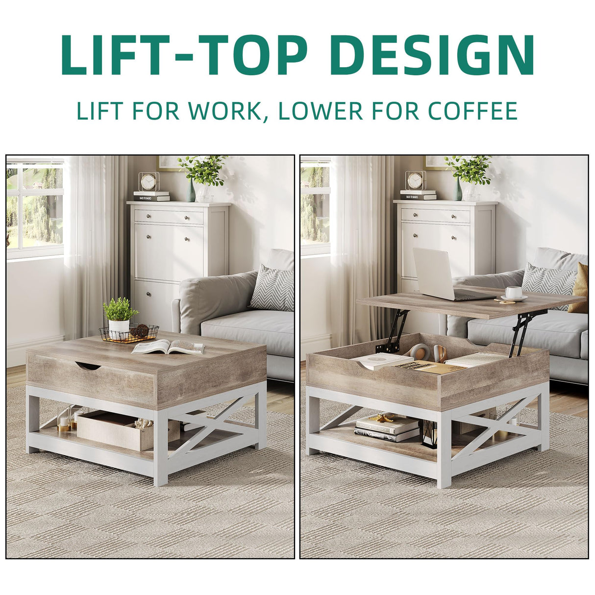 YITAHOME Coffee Tables with Living Room, Lift Top Coffee Table with Storage, Farmhouse Coffee Table, Square Wood Center Table Cocktail Table, Grey Wash YITAHOME