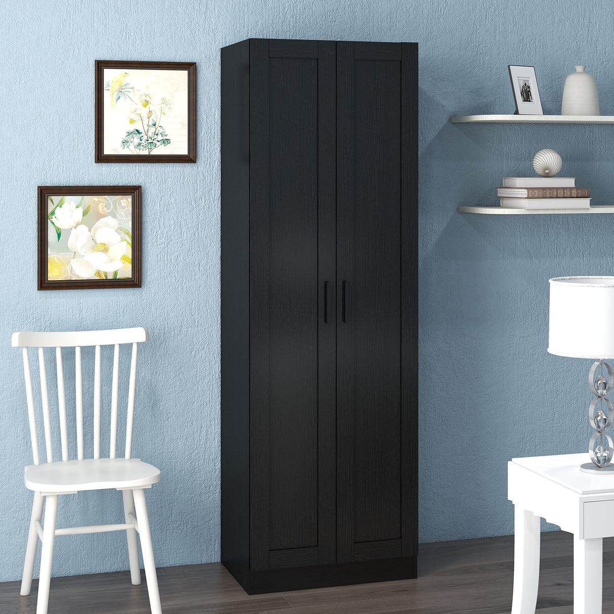 Panana Wooden Tall Storage Cabinet, Collection Food Pantry Cabinet Narrow Cabinet Free Standing with 2 Doors and Shelves (Black-s, 45P) Panana