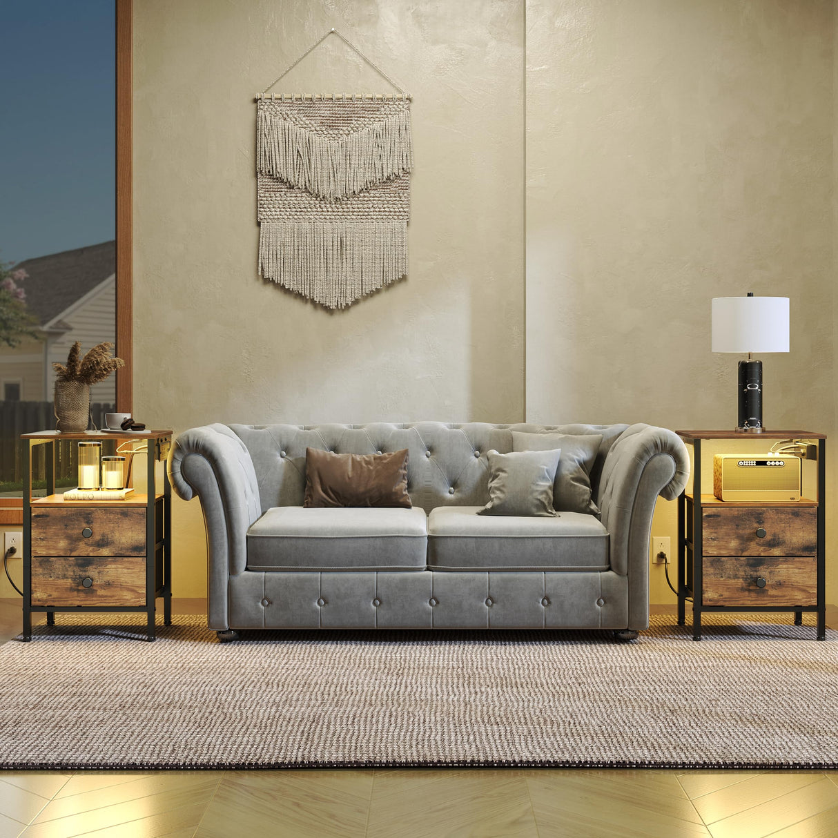 YATINEY Nightstands with Charging Station, Night Stand Set of 2 with LED Lights, Side Table with 2 Non-Woven Drawers, End Table Bedroom, Bedside Tables for Bedroom, Rustic Brown and Black ET12L2BR YATINEY