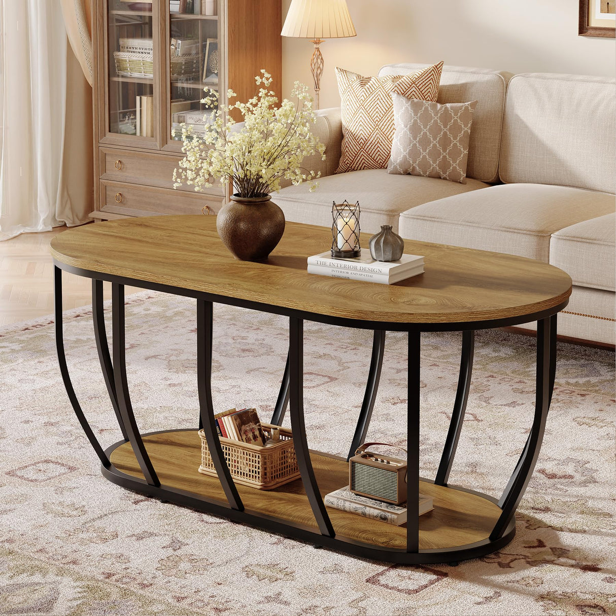 Tribesigns Oval Industrial Coffee Table with 2-Tier Storage, 47.2" Modern Wooden Center Cocktail Table with Curved Metal Base for Living Room, Home Office, Easy Assembly, Rustic Brown Tribesigns