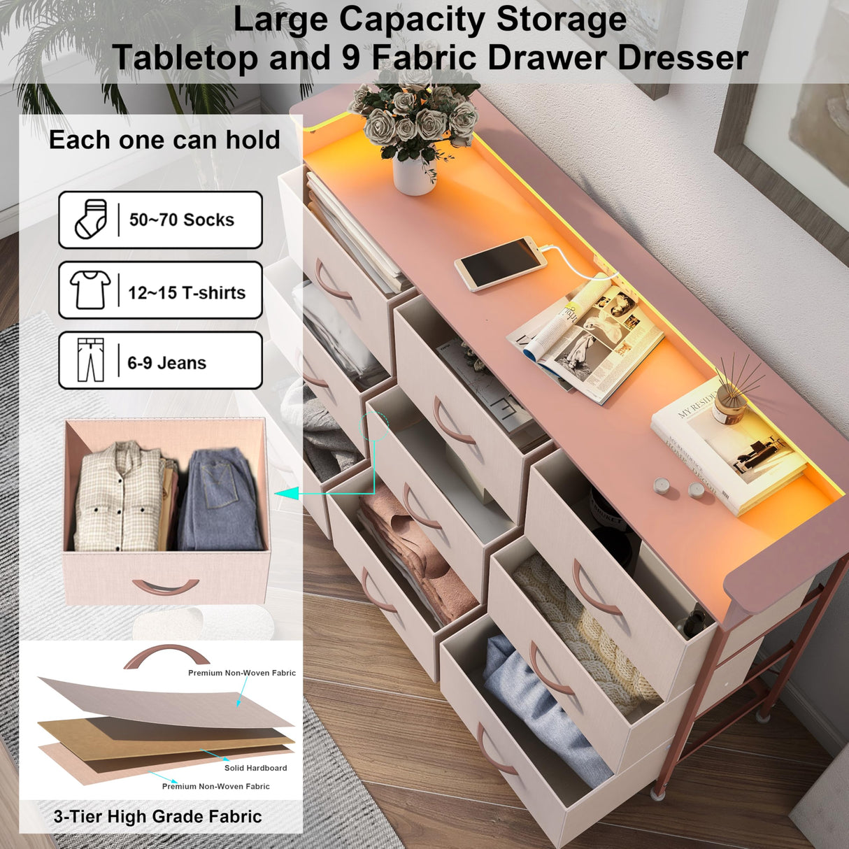 EXOTICA Pink Dresser with LED Light for Girls Bedroom 9 Drawer Dressers with Charging Station Chests of Drawers for Living Room Entryway Closet Hallway Sturdy Steel Frame Wooden Top Easy Pull Handle EXOTICA