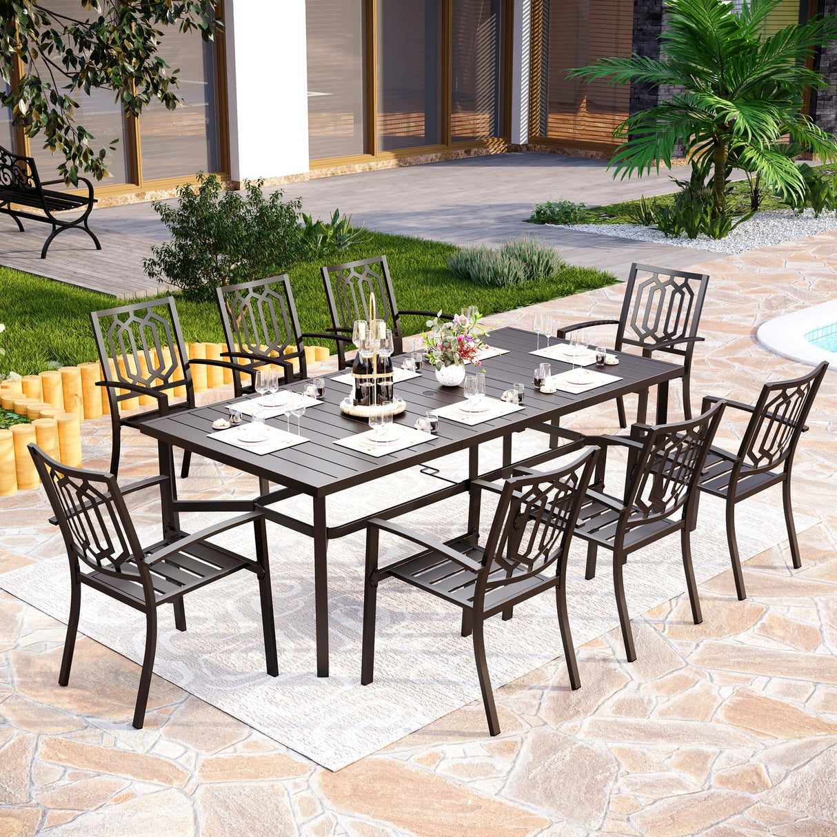 PHI VILLA 9 Pieces Outdoor Dining Set for 8, Rectangular Metal Steel Table with Umbrella Hole & Stackable Wrought Iron Chairs, Large Dining Furniture for Patio, Deck, Yard, Porch PHI VILLA