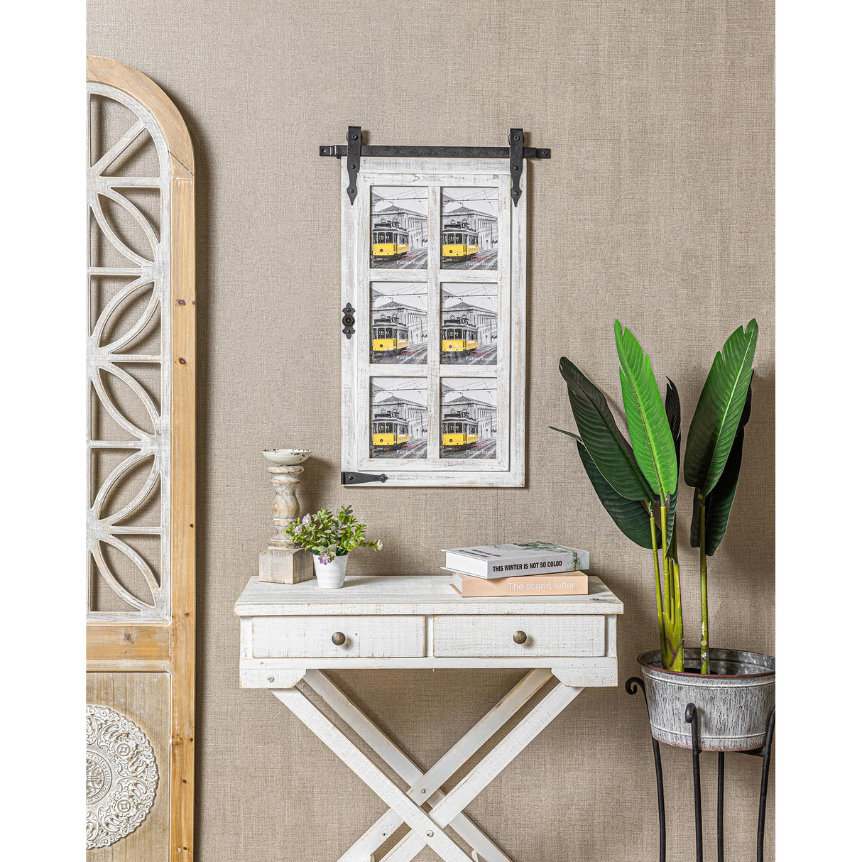 RiteSune White Wooden Barn Door 5x7 Photo Picture Frame Collage Wall Mounted for Family Entryway, Living Room, Bedroom RiteSune