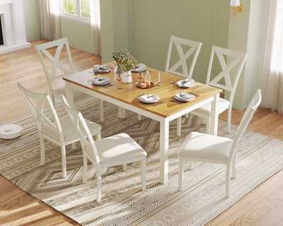 LUXOAK 7-Piece Solid Wood Dining Table Set, 60" Farmhouse Dining Table with 6 Chairs, Rectangular Table Set for 6, Kitchen & Dining Room Furniture, Distressed Cream