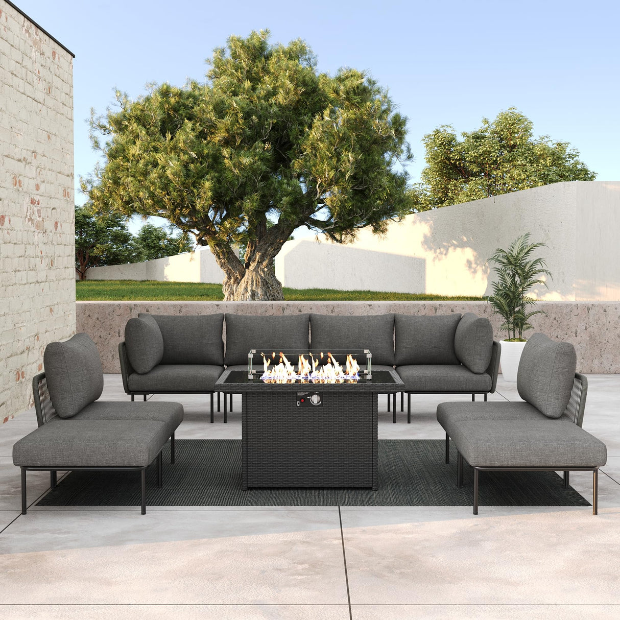 LayinSun 9 Pieces Aluminum Patio Furniture Set, Modern Modular Sectional Sofa with Fire Pit Table and Upgrade Thickness Cushion LayinSun