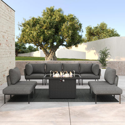 LayinSun 9 Pieces Aluminum Patio Furniture Set, Modern Modular Sectional Sofa with Fire Pit Table and Upgrade Thickness Cushion