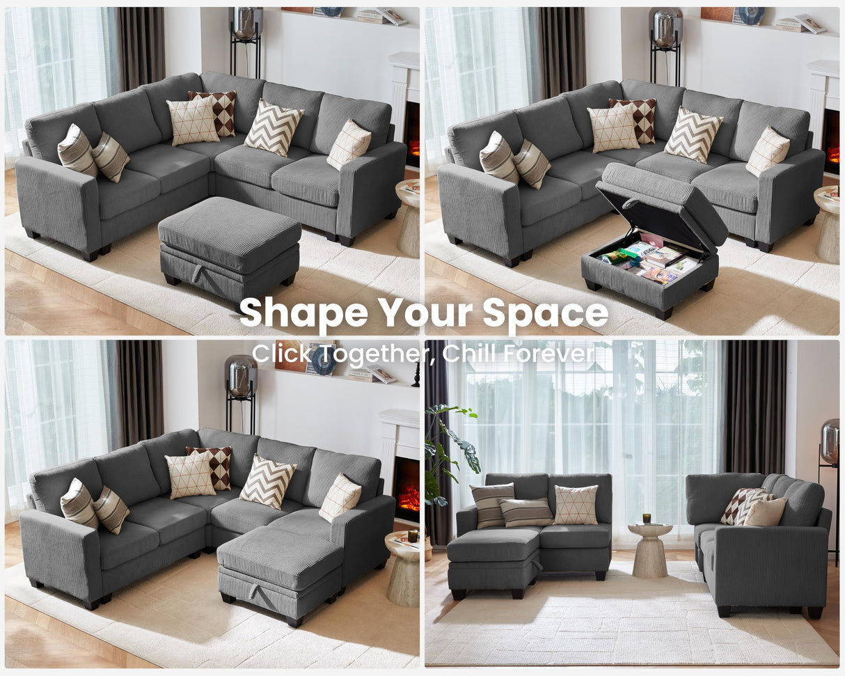CHIC HOUSE Modular Sectional Couch| Corduroy L Shaped Sleeper Sofa, U-Shape Sofa Bed Convertible Chaise with Storage Ottoman for Living Room Modern Furniture (Dark Grey, 6 Seater L-Shaped) CHIC HOUSE