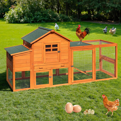 GARWOOD Large Wooden Chicken Coop Outdoor Big Hen House Poultry Pet Duck Hutch with Run Cage Nesting Box Waterproof Asphalt Roof Ramp Removable Tray Wire Fence for Backyard Small Animals 79" Brown