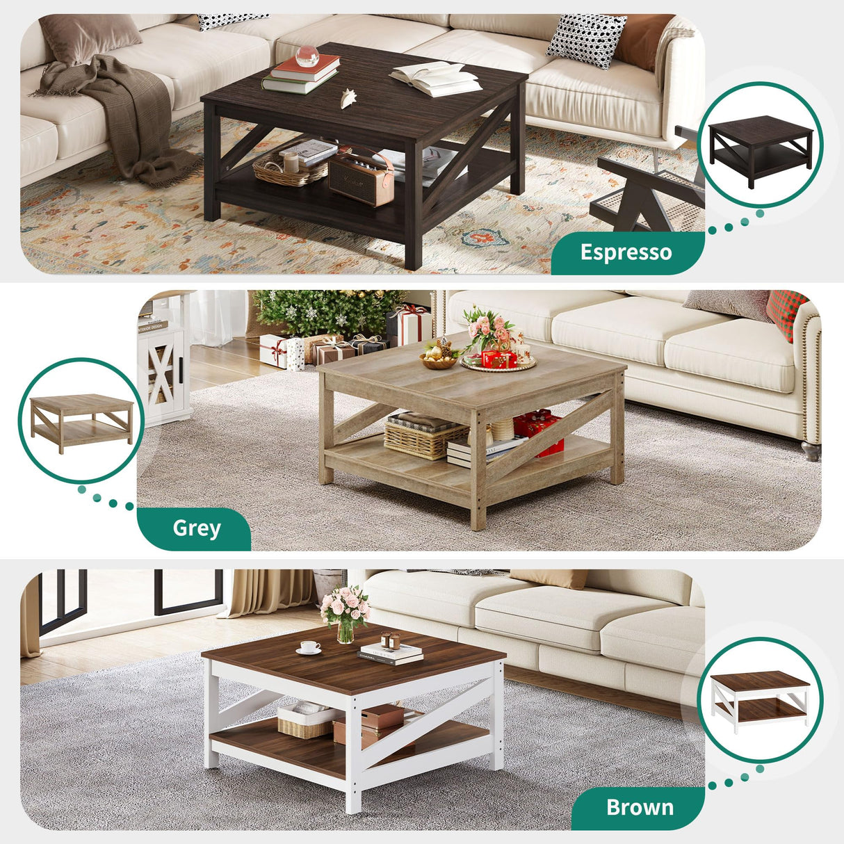 YITAHOME Farmhouse Coffee Table,Square Coffee Tables for Living Room,White Coffee Table with Storage,Wood Coffee Table with Sturdy Shelves,White YITAHOME