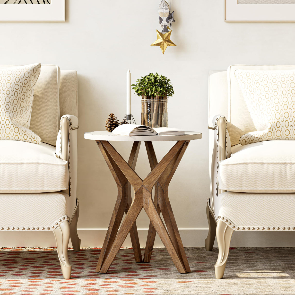 LONYKE Pedestal Farmhouse End Table, Distressed Top with Tripod Base Bedside Table for Living Room, Modern, Boho Decor, Round (1 Pack, White & Walnut) LONYKE